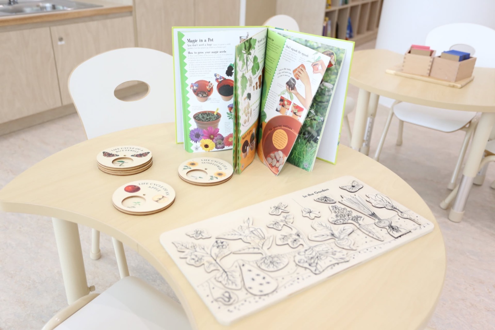 A table set with picture books and wooden plates